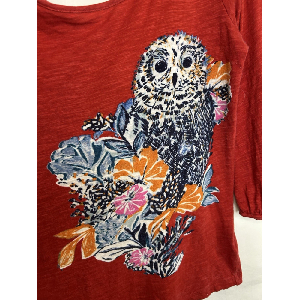 9-H15 Postmark Anthropologie Top Shirt Red Forest Fete Owl Scoop Neck Medium - Picture 4 of 7